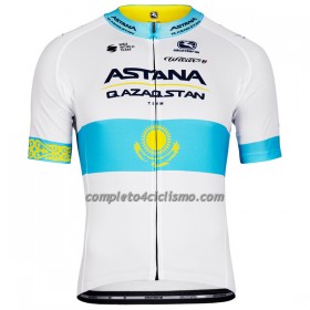 Maglia 2022 Astana Qazaqstan Campione Kazako Manica Corta Blu Bianco